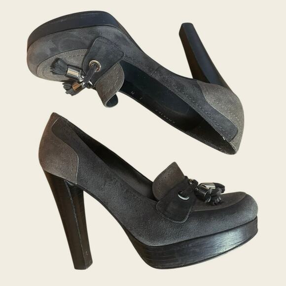 Stuart Weitzman Tasseled Platform Heeled Loafers Slip On Gray Suede Leather 7M - Picture 3 of 8